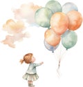 Watercolor Little Baby Floating with Balloons Nursery Happy kid outdoor Birthday Invitation Girl Boy