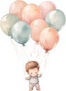 Watercolor Little Baby Floating with Balloons Nursery Happy kid outdoor Birthday Invitation Girl Boy