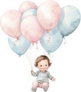 Watercolor Little Baby Floating with Balloons Nursery Happy kid outdoor Birthday Invitation Girl Boy