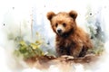 Watercolor little bear in the grass, a cute portrait of a small furry friend in the flower by Generative AI