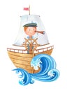 Watercolor little captain at the wheel on ahoy wooden ship.Cute cartoon boy in a sailor suit looks through a telescope.