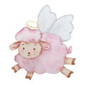 Watercolor little cute Baby Angel sheep