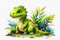 Watercolor little dinosaur sitting in gras. Generative ai