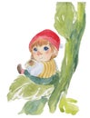 Watercolor little dwarf with a cup of tea