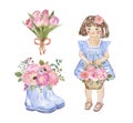Watercolor little girl in blue dress holding floral bouquet, garden boots, pink tulip bouquet. Hand painted illustration