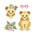 Watercolor little lion with tropical floral bouquet. Cute cartoon lion cub, palm leaves, pink flower, isolated on white Royalty Free Stock Photo