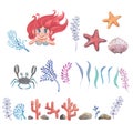 Watercolor little mermaid with pink hair and green fish tail lies on the sand on the seabed. Royalty Free Stock Photo