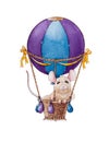 Watercolor little mouse or rat illustration travelling in air balloon. Chinese zodiac symbol of new year 2020.