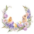 Watercolor little peach rabbit is sitting in the flowers wreath. Easter bunny and yellow chick, decorative eggs yellow Royalty Free Stock Photo