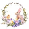 Watercolor little peach rabbit is sitting in the flowers wreath. Easter bunny and yellow chick, decorative eggs yellow Royalty Free Stock Photo