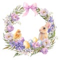 Watercolor little peach rabbit is sitting in the flowers wreath. Easter bunny and yellow chick, decorative eggs yellow Royalty Free Stock Photo