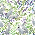 Watercolor little rabbits on wild herbs and flowers background