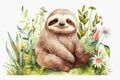 Watercolor little sloth sitting in gras. Generative ai