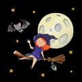 Watercolor little witch with a bat flies on the moon background.