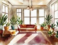 Watercolor of Living room with bohemian interior