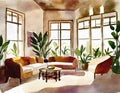 Watercolor of Living room with bohemian interior