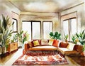 Watercolor of Living room with bohemian interior