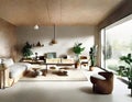 Watercolor of living room and kitchen boasting natural materials and