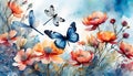 watercolor llustration of a landscape of blossoms, flower, branches, dragonflies and butterflies with a sky background