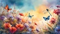 watercolor llustration of a landscape of blossoms, flower, branches, dragonflies and butterflies with a sky background