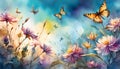 watercolor llustration of a landscape of blossoms, flower, branches, dragonflies and butterflies with a sky background