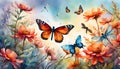 watercolor llustration of a landscape of blossoms, flower, branches, dragonflies and butterflies with a sky background