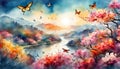 watercolor llustration of a landscape of blossoms, flower, branches, dragonflies and butterflies with a sky background