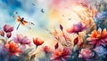 watercolor llustration of a landscape of blossoms, flower, branches, dragonflies and butterflies with a sky background