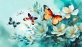 watercolor llustration of a landscape of blossoms, flower, branches, dragonflies and butterflies with a sky background