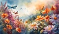 watercolor llustration of a landscape of blossoms, flower, branches, dragonflies and butterflies with a sky background