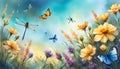 watercolor llustration of a landscape of blossoms, flower, branches, dragonflies and butterflies with a sky background