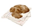 Watercolor loaf of bread on kitchen towel. Hand drawn brown sliced rye bread and textile napkin isolated on white Royalty Free Stock Photo