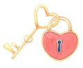 Watercolor lock in the form of a red heart and a key on a white background.