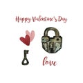 Watercolor lock, key and hearts isolated on a white background.