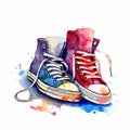 Watercolor logo sneakers. Bright youth sneakers with loose laces. Royalty Free Stock Photo