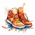 Watercolor logo sneakers. Dirty youth sneakers with loose laces. Royalty Free Stock Photo