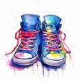 Watercolor logo sneakers. Bright youth sneakers with loose laces. Royalty Free Stock Photo