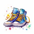 Watercolor logo sneakers. Bright youth sneakers with untied laces.