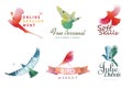 Watercolor logo templates. Colorful birds silhouettes in watercolor technique.