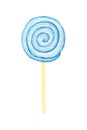 Watercolor lollipop, Blue spiral lollipop candy. Hand drawing illustration Sweetness isolated on white background Royalty Free Stock Photo