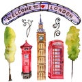 Watercolor London illustration. Great Britain hand drawn symbols.