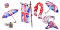 Watercolor London illustration. Great Britain hand drawn symbols.