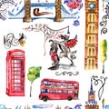 Watercolor London pattern illustration. Great Britain hand drawn symbols.