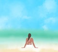 Watercolor loneliness black hair Asian woman wear white bikini relax sit on the beach looking at the turquoise sea Royalty Free Stock Photo