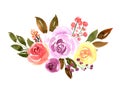 Watercolor loose flowers beautiful clip art. Elegant floral bouquet, banner with pink, violet, yellow rose flowers and leaves,