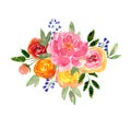 Watercolor loose style pink, red, peach ostin rose, peony, blue bell flower and green leaves bouquet. Modern trendy template