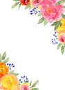 Watercolor loose style pink, red, peach ostin rose, peony, blue bell flower and green leaves corner frame. Modern trendy template