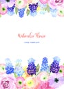 Watercolor loose style pink, red, violet, blue ranunculus and muscari, anemone, rose flower frame. Modern trendy template for