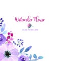 Watercolor loose style purple blue violet anemone and rose flower, blue bell, leaves corner frame. Modern trendy border