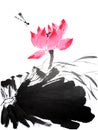 Watercolor of lotus flower with dragonfly, traditional chinese ink and wash painting Royalty Free Stock Photo